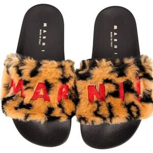 Marni Camel / Black Leopard Faux Fur Embroidered Logo Slide Sandals Brown Sz 36